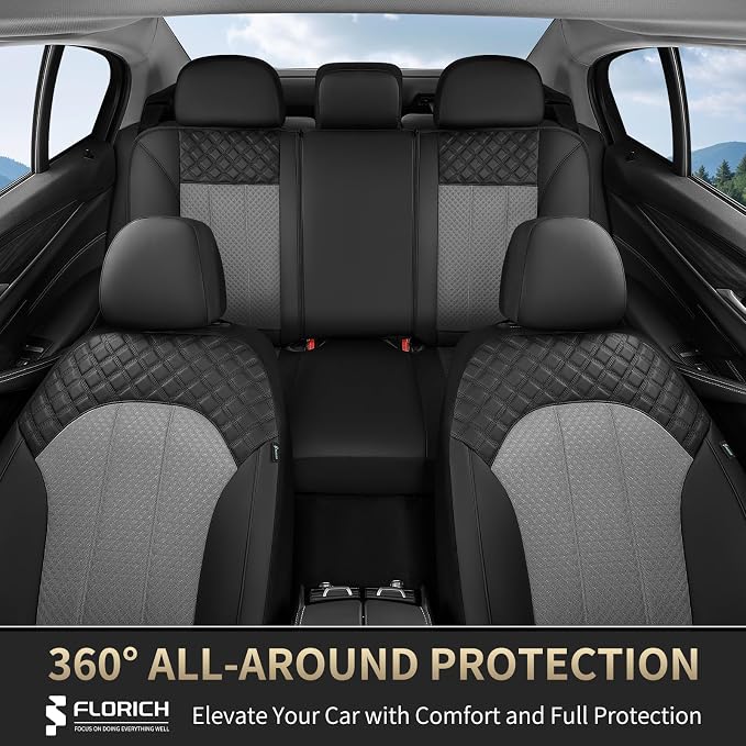 FLORICH Automotive Seat Covers 2 Seats Breathable Front Car Seat Cover Leather Air Mesh Car Seat Protector Cushion Airbag-Compatible Universal Fit for Most Car SUV Sedan Truck, Gray&Black