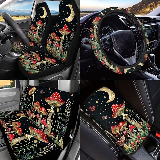BIGCARJOB Mushroom Car Seat Cover Full Set 15 Pieces Mushroom Print Car Interior Accessories Set with Universal Steering Wheel Cover Car Trash Can Hanging Seat Headrest Covers