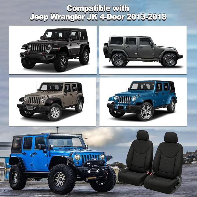 Custom Seat Covers for Wrangler JK 2013 2014 2015 2016 2017 2018 4 Door Heavy Duty Cloth Protector Interior Accessories，Waterproof & Machine Washable, Foam Padded - Black（Front）