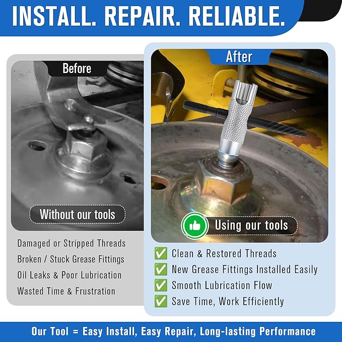 Feekoon Grease Zerk Fitting Tool All in One Grease Fittings Assortment with Removal Tool Fit 1/4"-28 SAE, 1/8"-NPT, M10x1 M8x1 and Hex Size 3/8" 5/16" 7/16" for Install, Remove, Rethread
