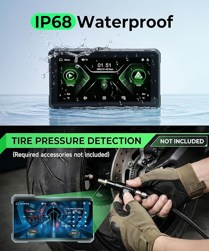 6 Inch Motorcycle Wirelsss Carplay Screen, Portable Touchscreen Motorcycle GPS Navigation System Car Play Moto Android Auto, Dual Bluetooth, IP68 Waterproof Moto Screen, Si-ri, Goo-gle Assistant