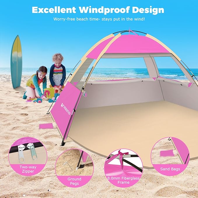 Venustas Beach Tent Sun Shelter for 3/4/6/8 Person, UPF 50+ UV Protection Beach Canopy, Lightweight and Easy Setup Cabana, Portable Shade Tent
