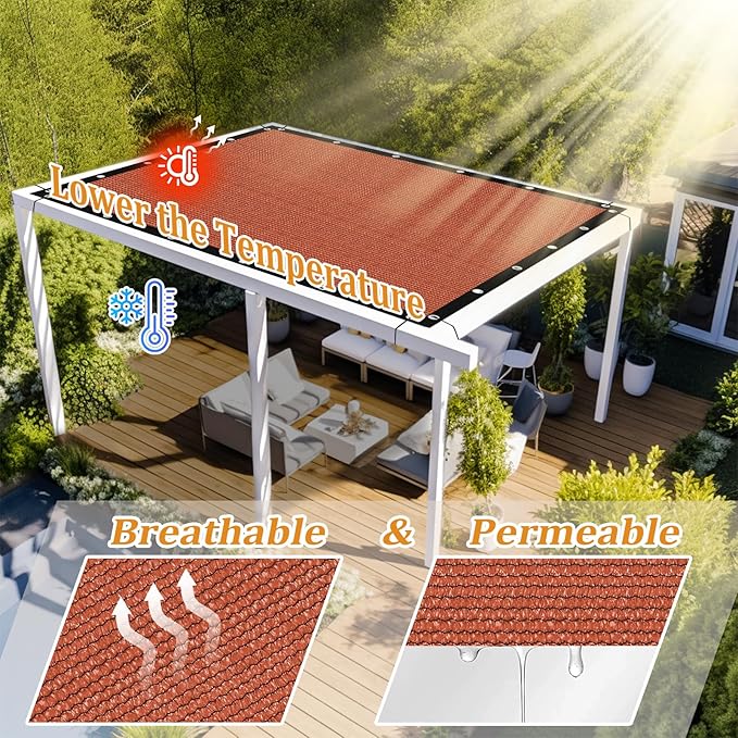 Shade&Beyond Customized Size 6' X 12' Shade Cloth with Grommets, 90% UV Protection UV Protection Mesh Tarp Sun Screens for Patio GN04, Rust Red