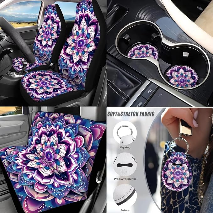 Purple Hippie Lotus Car Seat Covers Full Sets of 17Pcs Boho Lotus Car Accessories Set with Auto Front Rear Foot Carpet Car Seat Belt Cover Steering Wheel Cover,Universal Fit for Most Car SUV
