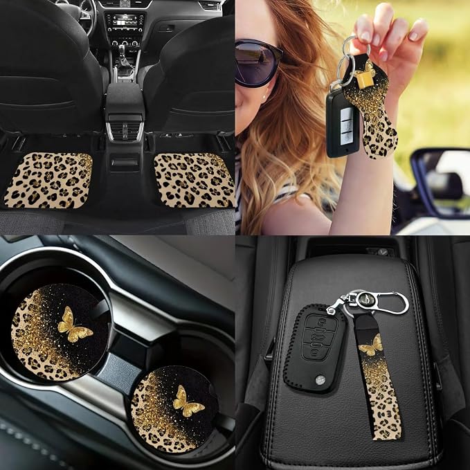 Leopard Print Car Seat Covers 17 Pack,Gold Butterfly Car Accessories Full Sets with Car Mats Full Set,Steering Wheel Cover,Seat Belt Cover,Funda para Volante De Carro Auto Interior for Women