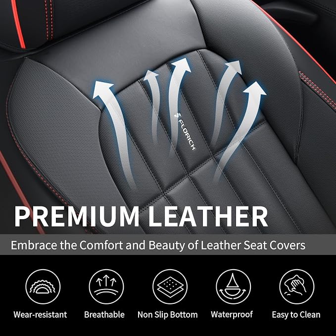 FLORICH Leather Seat Cover, Car Seat Covers Front Set, Waterproof Car Seat Protectors, Front Seat Covers 2 Pack, Automotive Seat Covers Protector Fit for Most Cars Trucks SUV - BlackRedLine