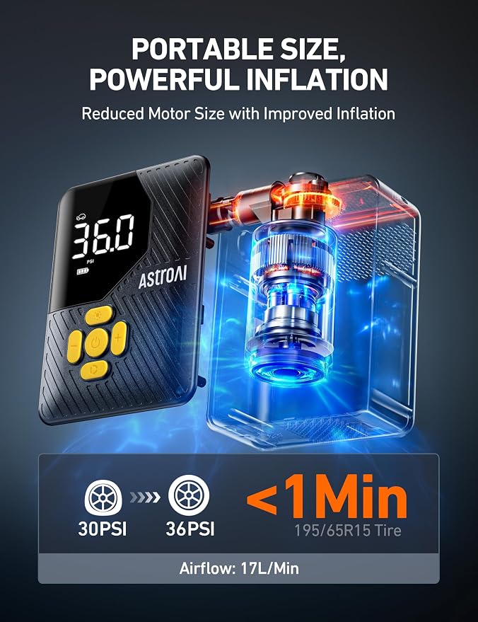 AstroAI 150 PSI Tire Inflator Portable Air Compressor, Fast Inflation Cordless Air Pump with LED Light &Pressure Gauge, Auto Shut-Off, L7 Mini Tire Inflator for Cars, Motorcycle, Bicycle, Ball, Yellow