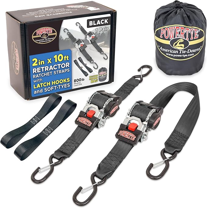 PowerTye - 2 inch x 10ft Long Retractable Ratchet Tie Down Strap with Latch-Hooks - Self-Retracting Ratchet, 800 lb W.L.L., Ideal for Motorcycle, ATV, Cargo, Includes Bag & Soft-Tyes, Black (Pair)