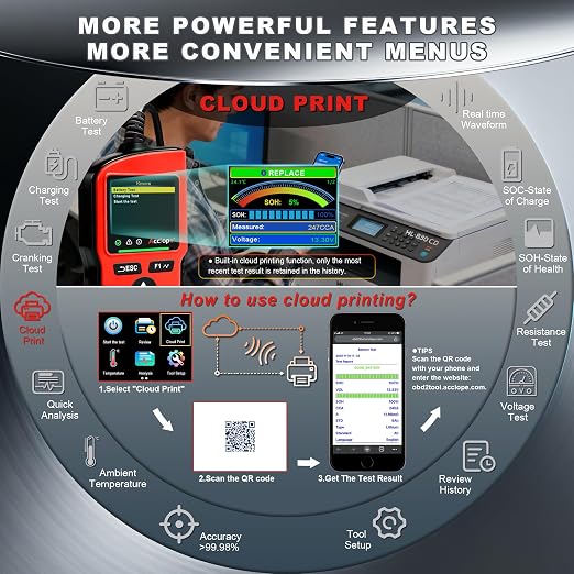 BT90 PRO 2-360Ah Battery Tester with Cloud Printing, 30-3800 CCA, 6V/12V/24V Digital Analyzer, SOH/SOC/Volt/Res/Cranking&Charging Test, Real‑Time Ambient Temp, AGM/EFB/Gel/Li