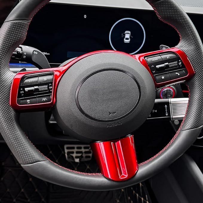2 PCS Car Steering Wheel Frame Cover Steering Wheel Button Panel Protection Frame Compatible with Hyundai Sonata DN8 2024 Accessories (Glossy Red Car Steering Wheel Frame)