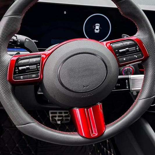 2 PCS Car Steering Wheel Frame Cover Steering Wheel Button Panel Protection Frame Compatible with Hyundai Sonata DN8 2024 Accessories (Glossy Red Car Steering Wheel Frame)