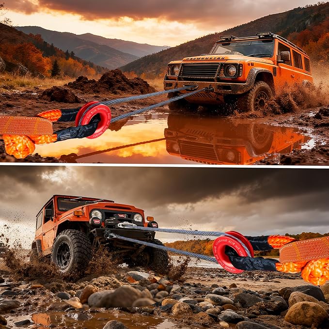 Synthetic Soft Shackle Rope 1/2 x 22 Inch Orange Recovery Tow Shackles with Red Snatch Recovery Ring 56,000lbs Breaking Strength Offroad Soft Shackle Recovery Kit for Off-Road ATV UTV Vehicles