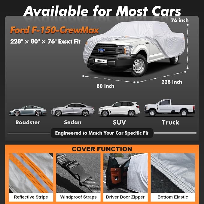 Car Cover Waterproof All-Weather,Heavy-Duty Outdoor Full Exterior Automobiles Truck(Length 229-242 inch) with Windshield Sun Shade Universal Fit F150 Ram 1500 etc