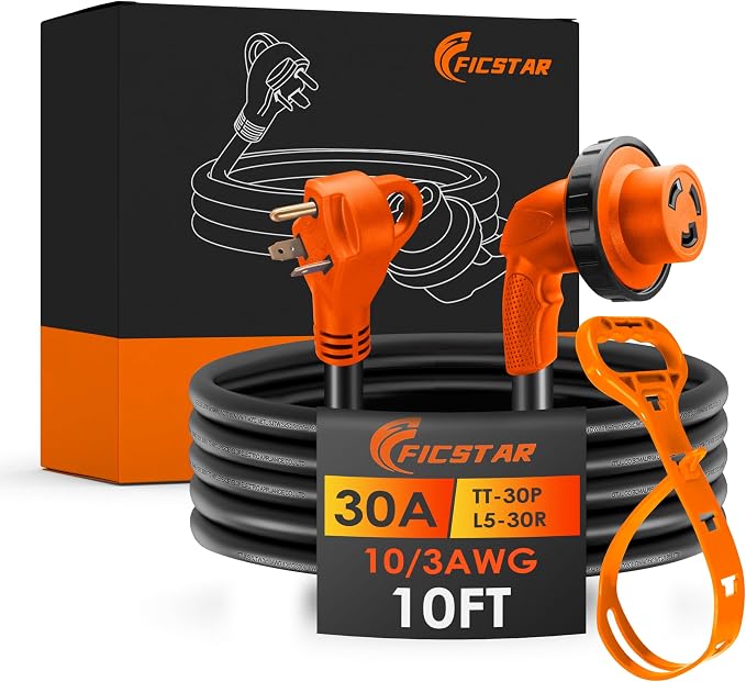 30 Amp RV Extension Cord,10 ft,Heavy Duty Generator Extension Cord with LED Power Indicator,30 AMP Female 90° Twist Lock Adapter with Reverse Polarity Lamp,NEMA TT-30P to L5-30R,120V/125V