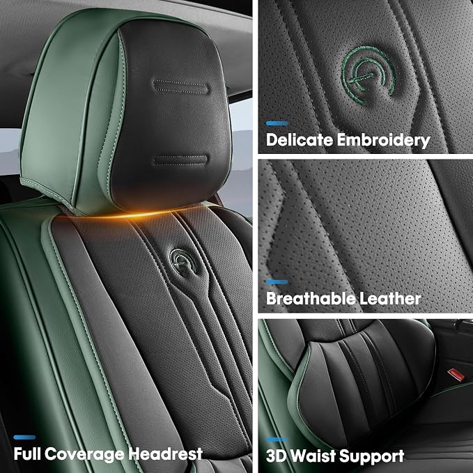 AOOG Seat Covers Custom Fit for Dodge Ram 1500/2500/3500 2002-2026 Faux Leather Seat Cover Set Compatible with Crew, Regular, Quad, Mega Cab, Car Truck Cushions(Blackgreen, Flat, Full Set)