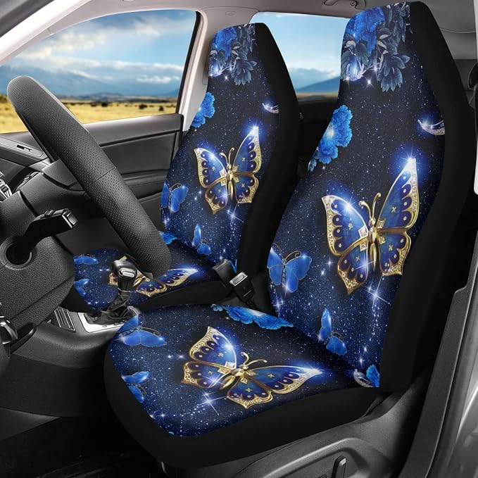 Howilath Blue Butterfly Moon Car Seat Covers Full Set of 10, Auto Front Seat Covers/Steering Wheel Cover/Seatbelt Pads/Keychain/Armrest Cushion/Coasters Universal Auto Interior Accessory
