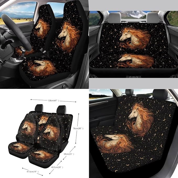 Horse Galaxy Pattern Car Seat Covers Full Set Steering Wheel Cover Seatbelt Cover Trash Can Air Vent Storage Bag Cup Coasters Keychain Auto Interior Sets of 15