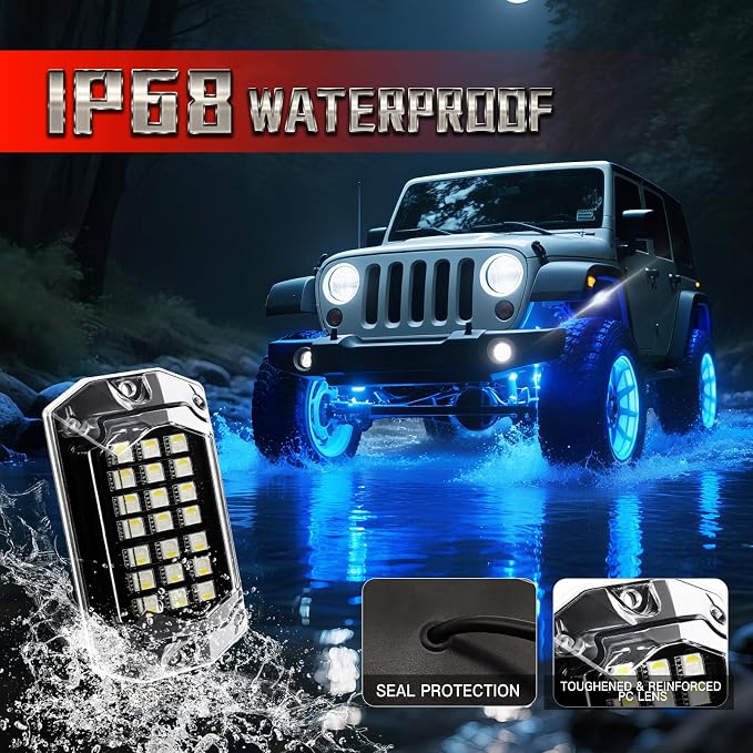 4 Pods Full Angle 230° Ultra Wide RGBW LED Rock Lights, 6500K Pure White & RGB Rock Light, IP68 Waterproof Underglow Lights Kit for Trucks ATV Golf Cart UTV RZR with Brake Music Sync APP/RF Remote