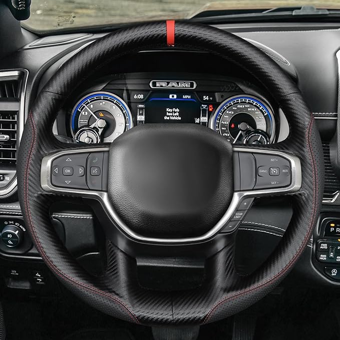 MEWANT Hand-Stitched Steering Wheel Cover Wrap for Dodge Ram 1500 2019-2023 Steering Wheel Accessories for Dodge Ram(Backsides Without Buttons)