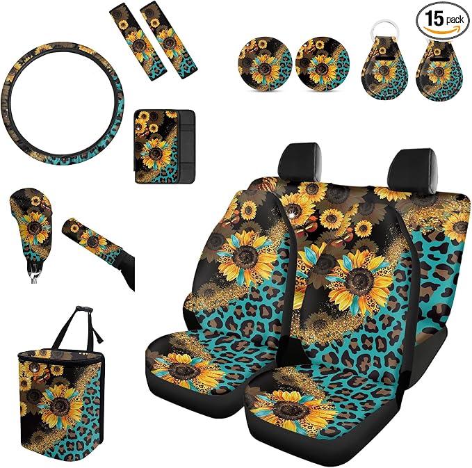 Forchrinse 15Pcs Sunflower Leopard Car Seat Cover Full Set with Steering Wheel Cover Armrest Shoulder Pads Handbrake Gear Cover Garbage Can,Universal Soft Auto Interior Accessories Protector for Women