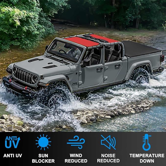 JT Top Sun Shade Roof Compatible with Jeep Gladiator 4 Door 2018 to 2023 Sunshade Sunroof Bikini Cover Blocks UV Wind Noise Cherry Red Mesh for Front and Rear 2 pcs