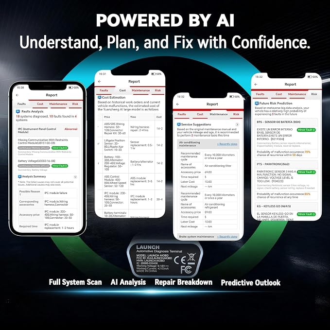LAUNCH AIOBD Bluetooth OBD2 Scanner - Full System Diagnostics, AI Explains Faults Simply, Parts/Labor/Cost Estimates, Works with iPhone & Android