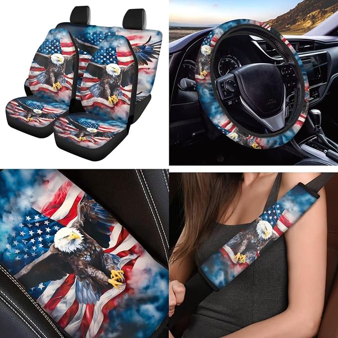 Eagle Flag 12 Pcs Car Seat Covers Full Set with Auto Steering Wheel Cover Armrest Cushion Protector Seat Belt Covers Automotive Interior Sets Universal Fit for Cars SUV