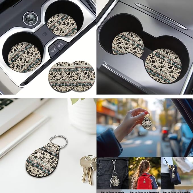 Cow Print Aztec Car Seat Covers Sets 12 Pieces Center Console Cover Car Steering Wheel Cover Seat Belt Pads Car Interior Accessories Universal Fit for Cars SUV