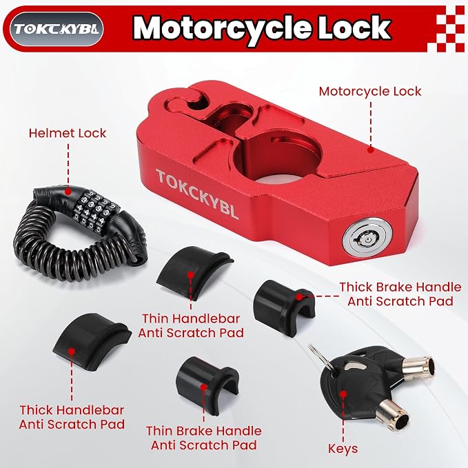 Motorcycle Lock, Heavy Duty Anti Theft Helmet, Brake and Handlebar Lock, Universal for Motorcycles, ATVs, Dirt Bikes, Mopeds, Scooters, Red