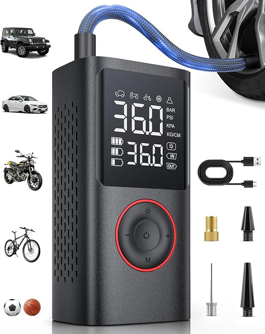 Powools Tire Inflator Portable Air Compressor, 150 PSI Cordless Bike Pump, Air Pump for Auto, Bicycle & Balls with Pressure Monitoring System Gauge & Car Accessories, Black, Standard Capacity