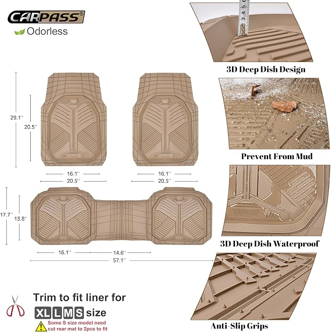 CAR PASS Heavy Duty Rubber Car Mats, Deep Dish Car Floor Mats Full Set, Universal All Weather Automotive Mats 3 Pieces Trim to Fit for Sedans SUVs Trucks, Waterproof Anti-Slip Floor Mats, Full Beige