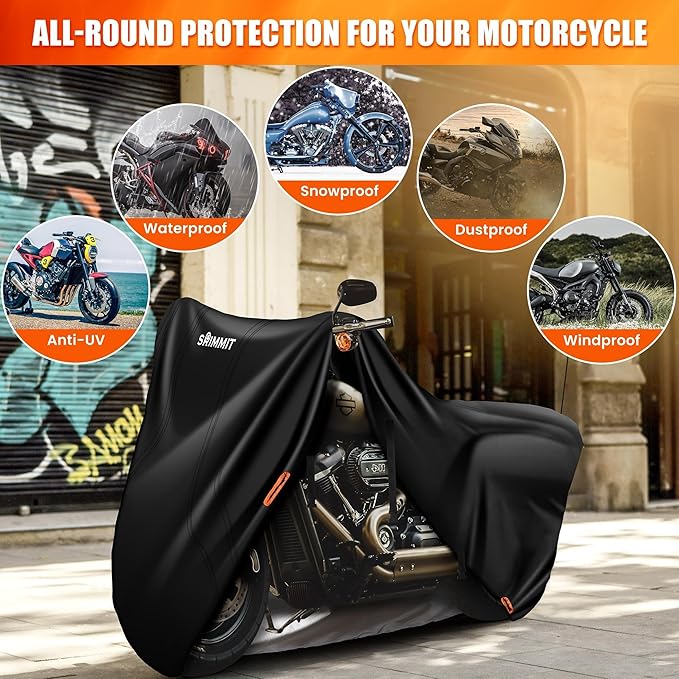 Motorcycle Cover Waterproof Outdoor,420D Motorcycle Cover Heavy Duty,Silver Nano Coating,5 Reflective Strips,2 Air Vents,3 Windproof Buckles,Lock Holes,Antenna Zipper 2XL(Black 96"x43.3"x55")