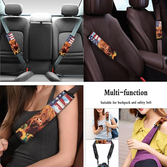 Highland Cow Auto Seat Covers Full Set with Steering Wheel Cover Shoulder Pads, American Flag Bucket Car Seat Covers Car Accessories Universal Fit for Most Cars