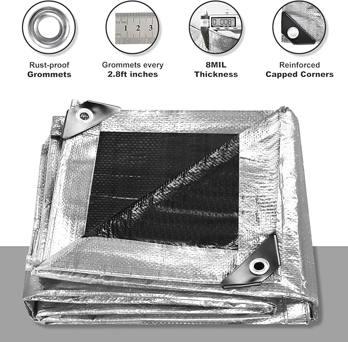 Tarps Waterproof 12x16 Feet, 2 Pack Heavy Duty Silver Tarp Cover 8 Mil Thick, Resistant Plastic Tarpaulin with Metal Grommets, Outdoor Tent Cover for Emergency Rain