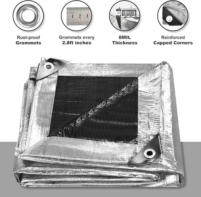 Tarps Waterproof 8x10 Feet, 4 Pack Heavy Duty Silver Tarp Cover 8 Mil Thick, Resistant Plastic Tarpaulin with Metal Grommets, Outdoor Tent Cover for Emergency Rain
