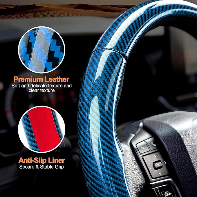 West Llama 3 Piece Carbon Fiber Steering Wheel Cover, 14.5-15 Inch 3 Pc Auto Car Steering Wheel Cover Universal Fit for 99% Cars, SUVs, Trucks (Glossy Blue)