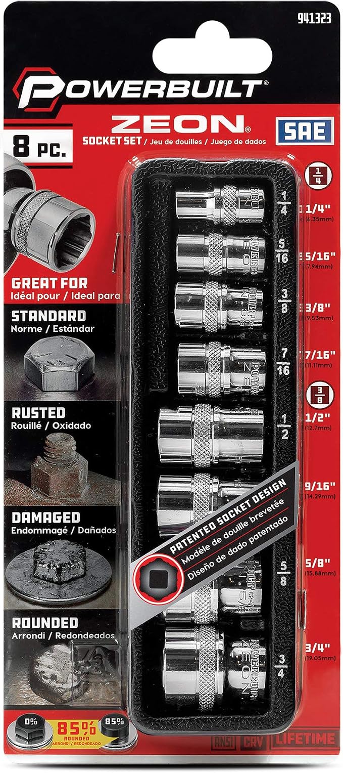 Powerbuilt 941323 8 Piece SAE Zeon Socket Set - with use for Standard, Rusted, Rounded Bolts and Nuts, Size from 1/4" to 3/4"