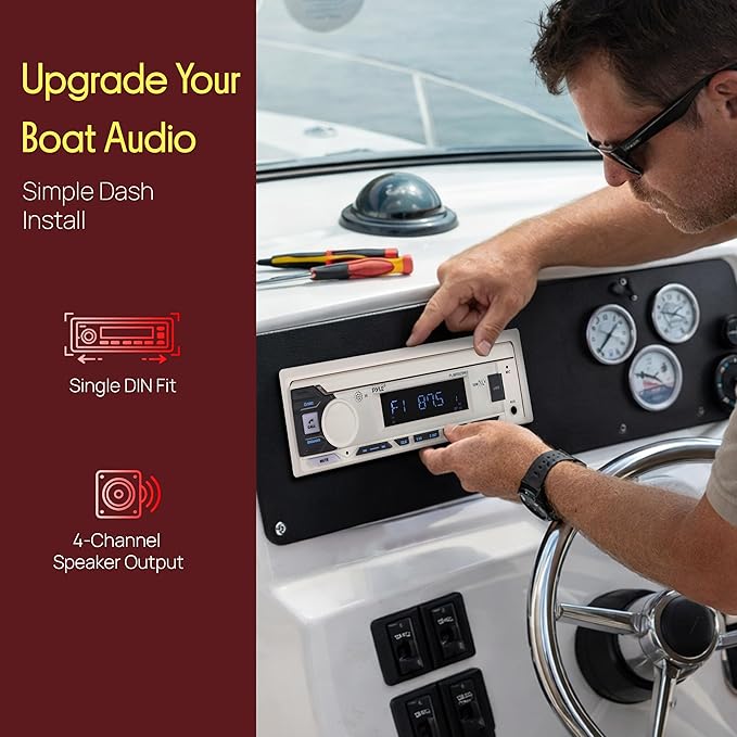 Pyle Marine Radio Single DIN Receiver – Bluetooth Wireless Streaming, AM/FM Tuner, USB/AUX MP3 Playback, Hands-Free Calling, Remote Control, RGB Buttons, Splash-Resistant Stereo Upgrade