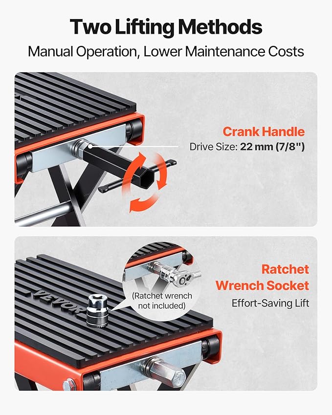 VEVOR Motorcycle Lift, 1500 lbs Motorcycle Scissor Lift Jack with Wide Deck & Lock Pin, 4.13"-13.77" Center Hoist Crank Stand, Steel Scissor Jack for Street Bikes, Cruiser Bikes, Touring Motorcycles