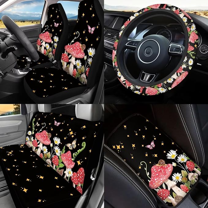 17 Pieces Mushroom Car Seat Covers Full Set for Women Girly,Starry Sky Mushroom Car Accessories Set with Steering Wherl Cover Seat Belt Cover Pad Car Headrest Cover Cup Coaster Sets