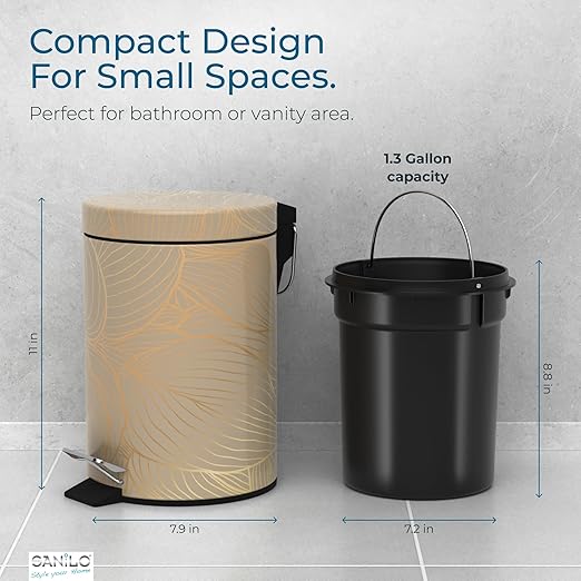 Sanilo Small Bathroom Trash Can with Lid [1.3 Gallon] - Lidded Tiny Trashcan for Garbage - Mini Metal Bin with Soft Closing Mechanism - Bath Room Accessoire Wastebin with Inner Bucket (Hosta)
