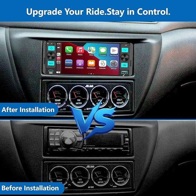Single Din Car Stereo – Dual Knob Touchscreen Radio with Wireless Apple CarPlay & Android Auto Upgrade Your Classic Car with Easy Installation, Backup Camera Ready, Bluetooth, GPS, FM/AM, USB, EQ