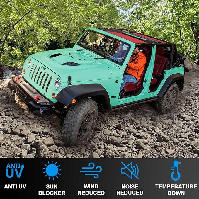 JK Sun Shade Top Compatible with Jeep Wrangler 4 Door 2007 to 2018 Sunshade Sunroof Bikini Cover Blocks UV Wind Noise Cherry Red Mesh for Front and Rear 2 pcs