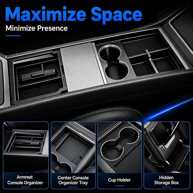Tesla Center Console Organizer & Armrest Storage Box, Essential Accessories for Tesla Model 3 Highland (2024-2026)/ Model Y Juniper(2025-2026),6-Piece Dual-Layer Hidden Tray