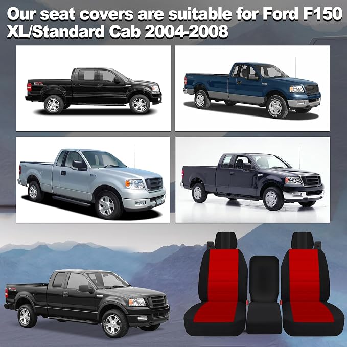 Custom 40/20/40 Split Bench Seat Covers for Ford F150 XL/Standard Cab 2004 2005 2006 2007 2008 Heavy Duty Cloth Protector Interior Accessories，Waterproof & Machine Washable - Red