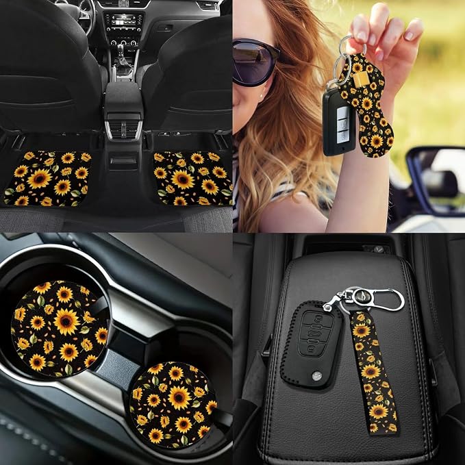 Sunflower Car Seat Covers Full Set of 17 Pcs Hippie Sunflower Car Accessories Set with Front and Split Rear Bench Car Mats Full Set Car Seat Belt Cover Steering Wheel Covers,Universal Fit
