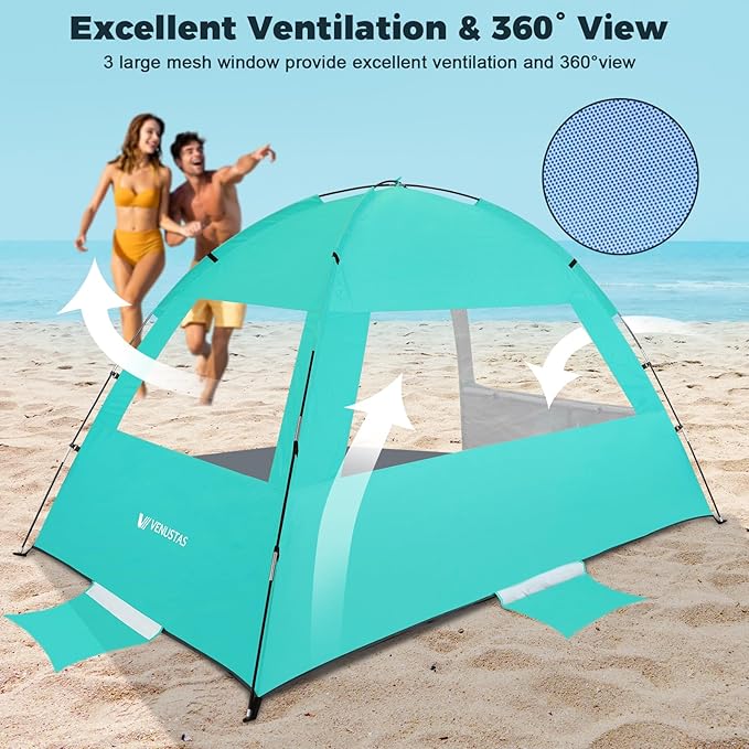 Venustas Beach Tent Sun Shelter for 3/4/6/8 Person, UPF 50+ UV Protection Beach Canopy, Lightweight and Easy Setup Cabana, Portable Shade Tent