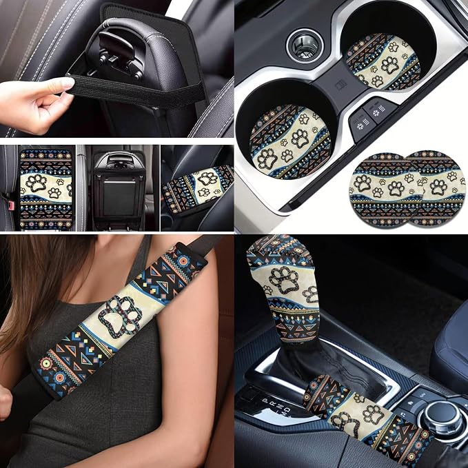 BIGCARJOB Southwest Tribal Paw Car Seat Covers Full Set,12 Pcs Cute Dog Paw Print Car Accessories Set with Auto Front Rear Seat Protector,Armrest Seat Box Cover Cushion,Cup Mats