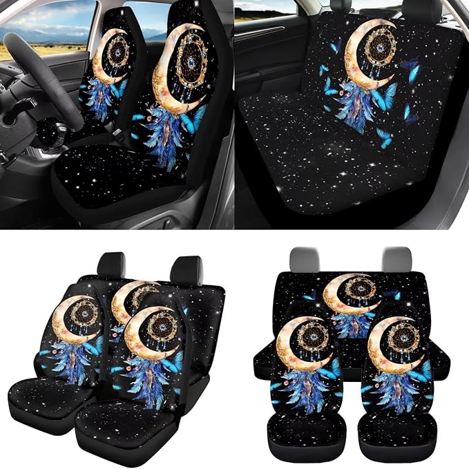 8 Pcs Moon Star Car Seat Covers Full Set Car Accessories for Women Front Seat Cover Steering Wheel Armrest Cover Seat Belt Cover for Auto SUV Interior Decoration