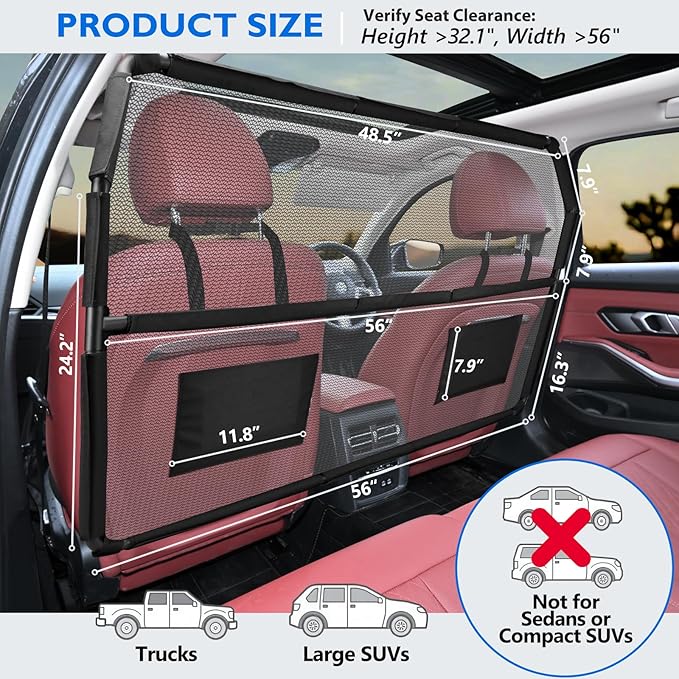 Dog Barrier for Truck, 56" Dog Car Barrier Behind Front Seat, Escape-Proof Back Seat Divider & Trunk Cargo Gate, Durable Heavy Duty Pet Gate Net for Truck, SUV & Large Vehicles